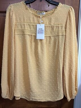 Yellow Swiss Dot Lace Trim Long Sleeve Women's Top